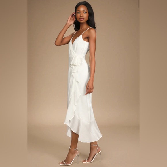 Lulu’s Captivated Beauty White Satin Ruffled Midi Dress - Picture 3 of 13